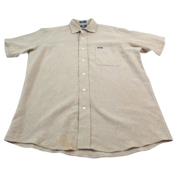 LRG Wovens Shirt Mens XL Tan Linen Classic Fit Short Sleeve Collared Button-Up - Picture 1 of 7
